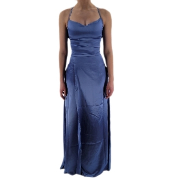 Periwinkle criss cross back full length prom dress w/ pockets size XS New - Picture 1 of 7